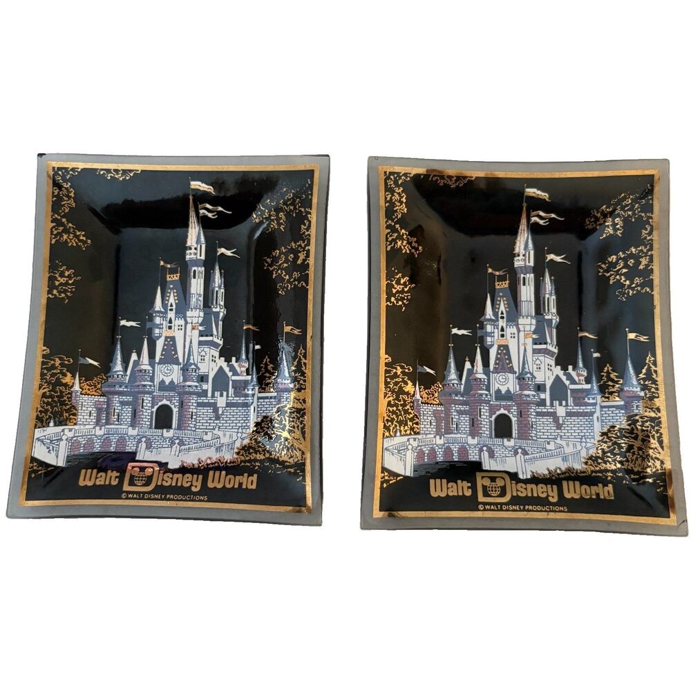 VTG 70s Walt Disney Cinderella Castle Smoked Glass Souvenir Trinket Tray Set (2)